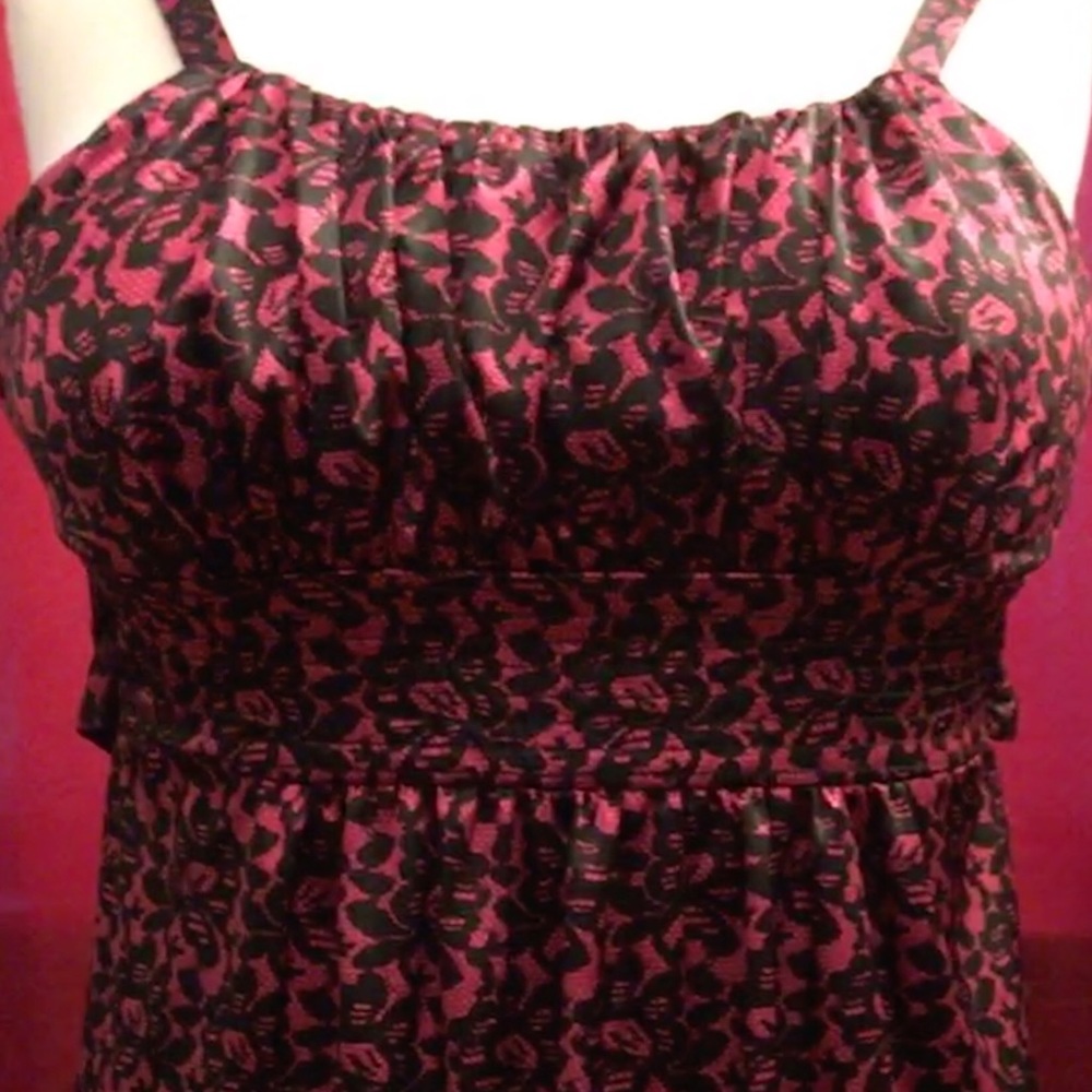 Black and pink print dress with black jacket